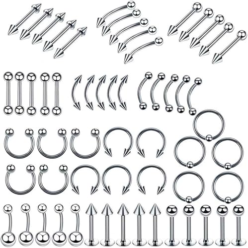 Happyyami Piercing para el cuerpo, 110 piezas, acero inoxidable, nariz, herradura, labio, lengua, cejas, tragus, piercing para el cuerpo, ombligo y