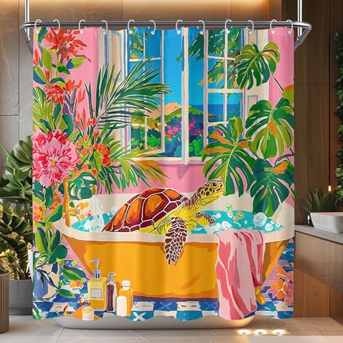 Accnicc Boho Turtle Shower Curtain Cute Funny Sea Turtle Matisse Shower Curtains for Bathroom Green Tropical Plants Pink Floral Coastal Decorative Waterproof Fabric Bath Curtain Decor 72 X 72 Inches