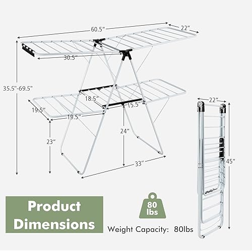 Miniatura 8 de Safstar - Escurridor de ropa de 2 capas, estante plegable para secadora de ropa con ala de gaviota ajustable en altura, 33 rieles y 26 clips,