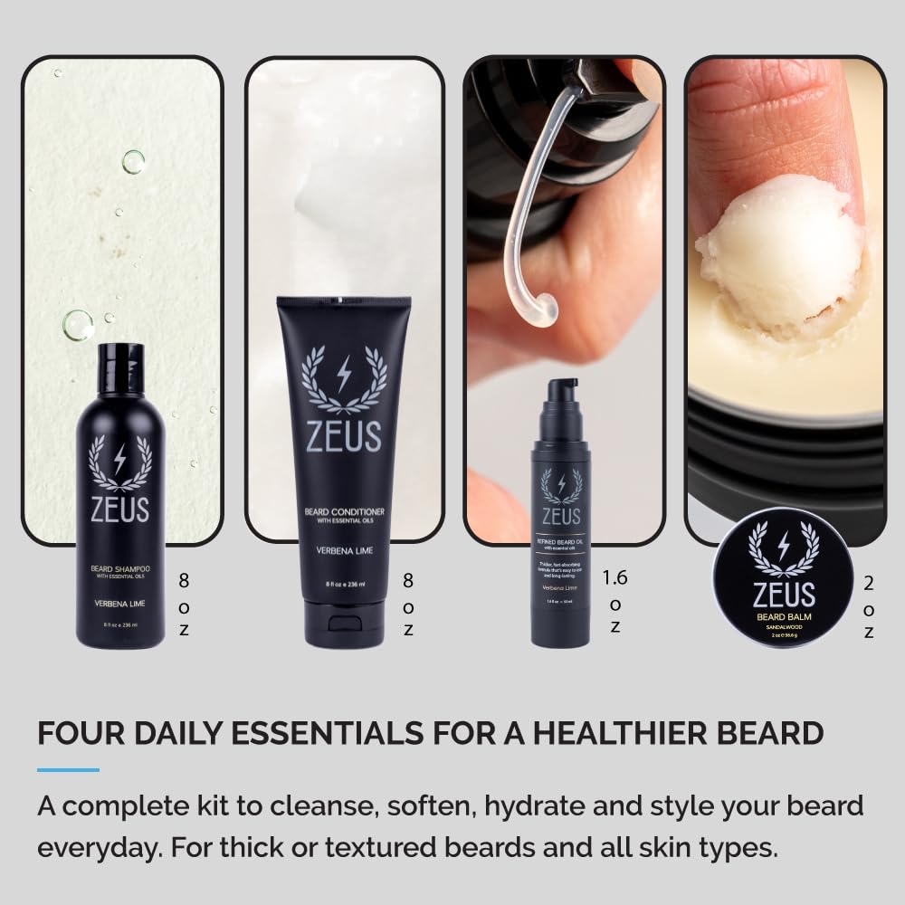 ZEUS Everyday Beard Care Kit for Men, Beard Shampoo, Conditioner, Refined Oil & Styling Balm, Softens, Hydrates, Tames & Strengthens (Made in USA) Sandalwood - Image 2