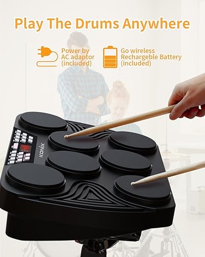 Miniatura 2 de KONIX Juego de batería electrónica de mesa, kit de batería eléctrica portátil con 7 almohadillas de sensibilidad de velocidad, luz de batería LED,