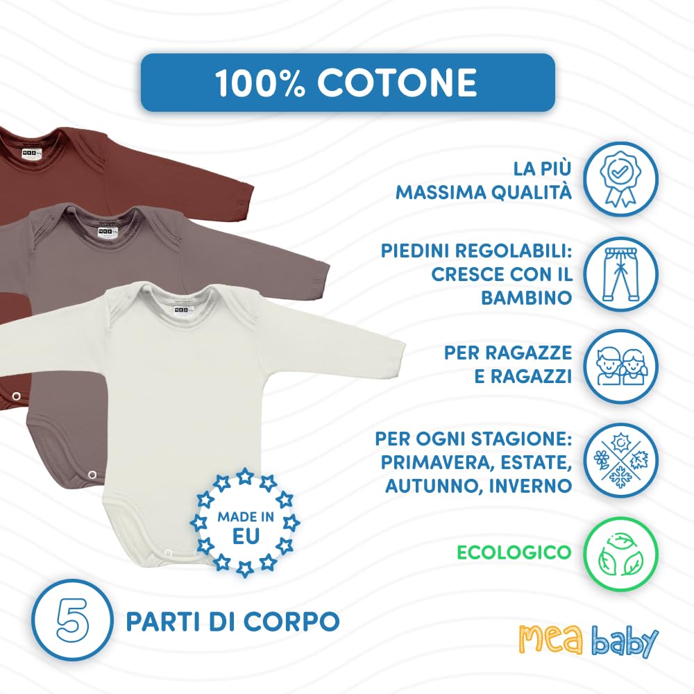 MEA BABY Body unisex per neonato, maniche lunghe, 100% cotone, confezione da 5 pezzi
