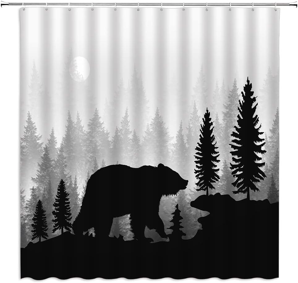 Rustic Deer Shower Curtain Wild Animal Silhouettes Black and Grey Forest Pine Tree Bird Wooden Board Farmhouse Vintage Elk Art Fabric Home Bathroom Decor Set with Hooks（78" Wx70 H）