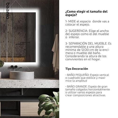baanio - Espejo Baño con Luz Cálida 80x120 cm Estel | Espejo Baño Led Retroiluminado con Antivaho | Vidrio Resistente 4 mm, Plata Ecológica sin Cobre | Montaje Horizontal o Vertical | Diseño Moderno - imagen 8