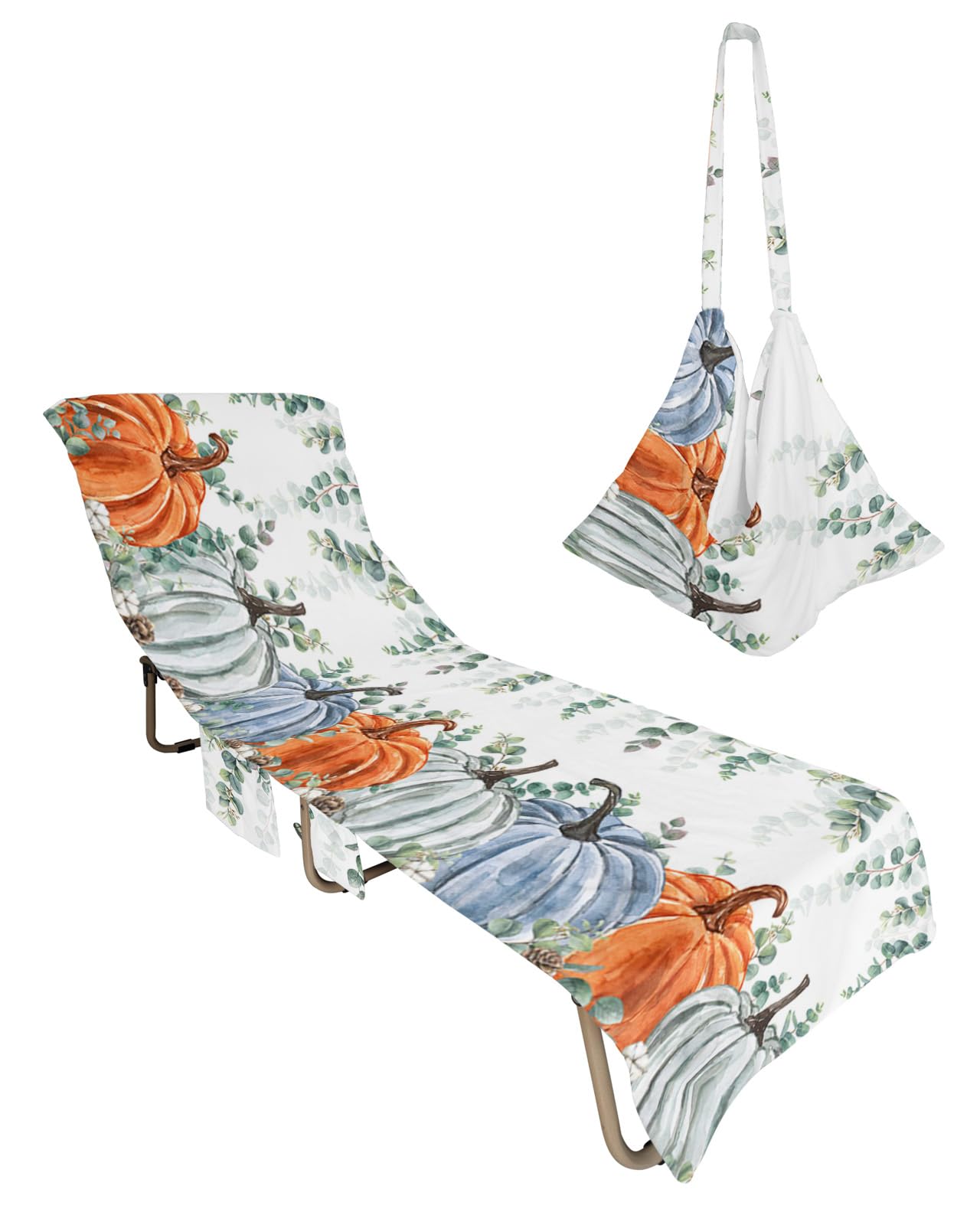Thanksgiving, Beach Lounge Chair Towel Cover, Soft Chaise Lounge Towel with Side Pockets Patio Pool Chairs Cover for Beach/Pool Sunbathing 29x85 Colorful Pumpkins Fall Green Eucalyptus Leaves