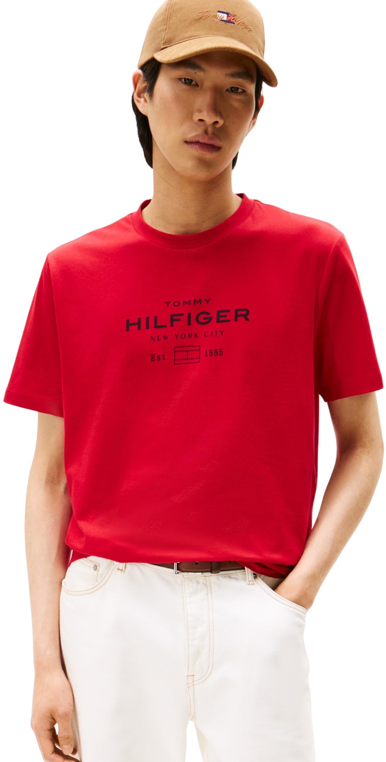 Tommy Hilfiger Men’s Short Sleeve Round Neck Stack Graphic T-Shirt, Red (Medium Red), XL