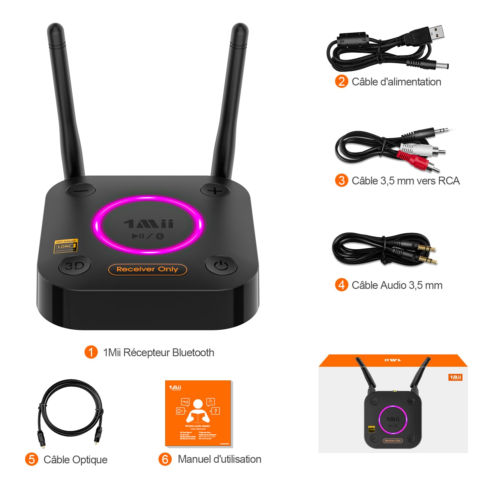 1Mii B06Ultra LDAC Récepteur Bluetooth 5.3 pour Chaîne Stéréo HiFi, Adaptateur Audio Bluetooth avec DAC Audiophile, aptX HD&LL, Contrôle du Volume, 3D Surround, Optique 3,5 mm Jack Coaxial