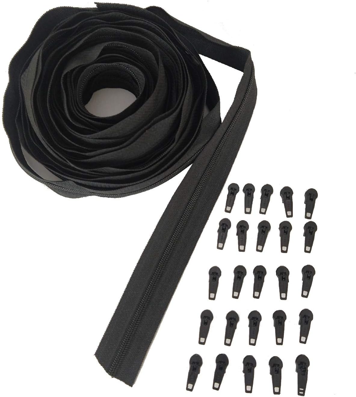 Black Zipper 10 Meter roll, Black Zip Runners 25 nos