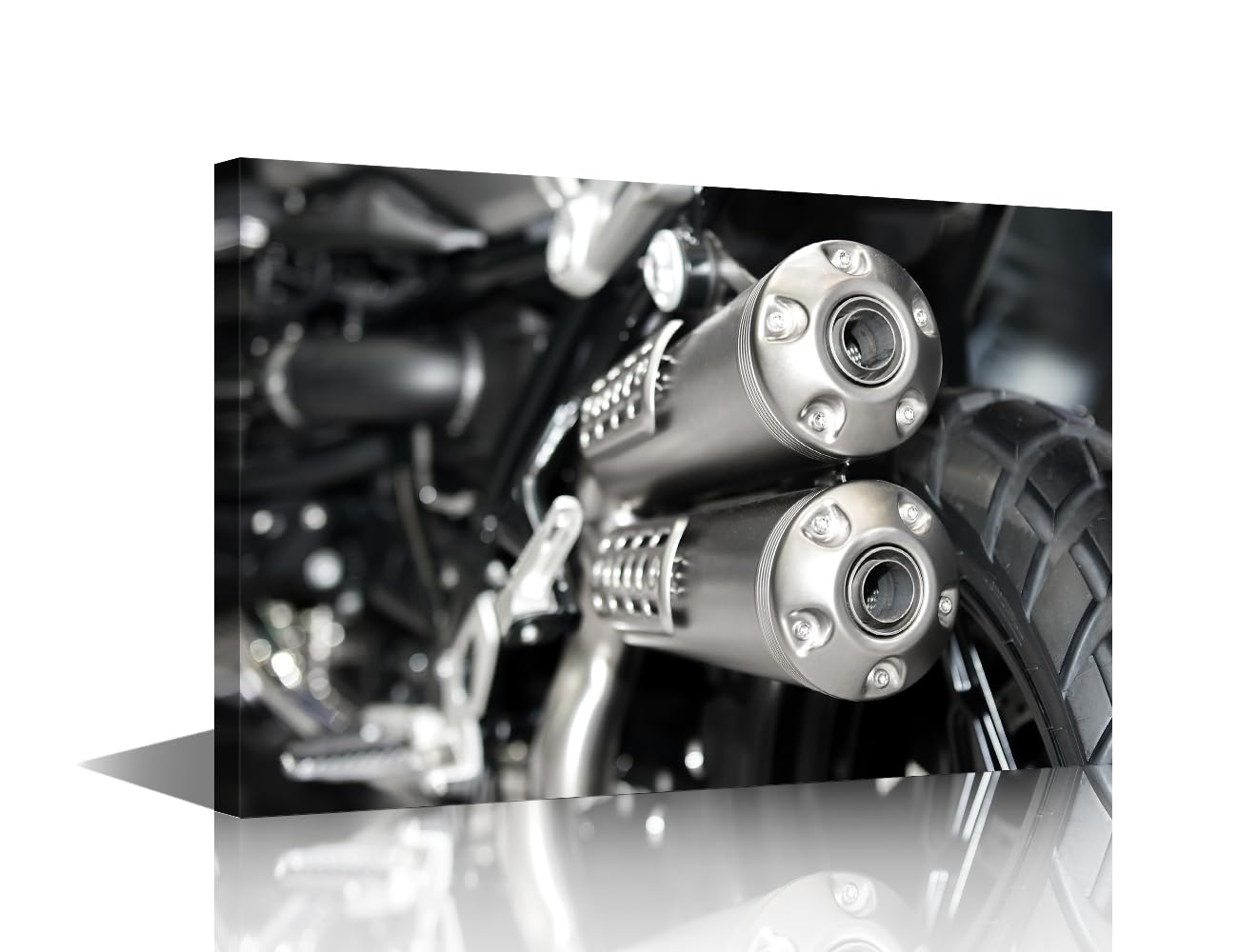 TISHIRON Black and White Canvas Wall Art, Closeup of Exhaust of Racing Motorcycle, Wall Art Motorbike Engine Prints House Decor Modern Artwork Office Living Room Decorations Ready to Hang(16" Wx24 H)