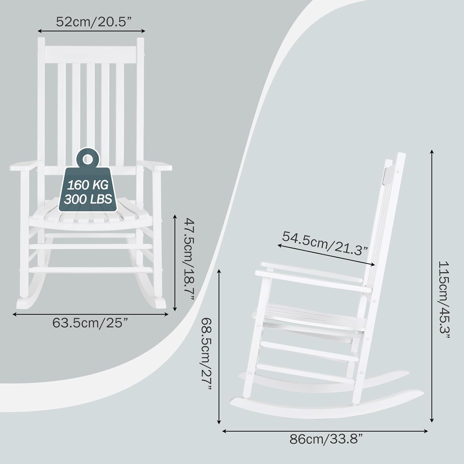 MAMIZO Sedia a dondolo in legno per esterni con schienale alto, sedia a dondolo per interni oversize, facile da montare, per giardino, prato, balcone, veranda (bianco, 2 pezzi)