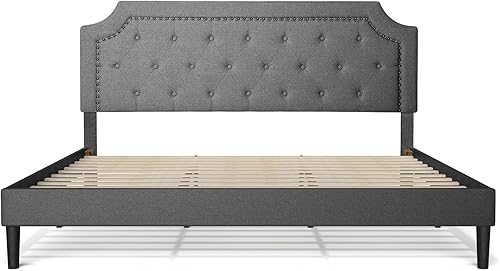 Miniatura 4 de Base de cama tapizada de color gris de tamaño matrimonial, con plataforma tradicional tapizada de perfil bajo con cabecera copetuda y clavos, no