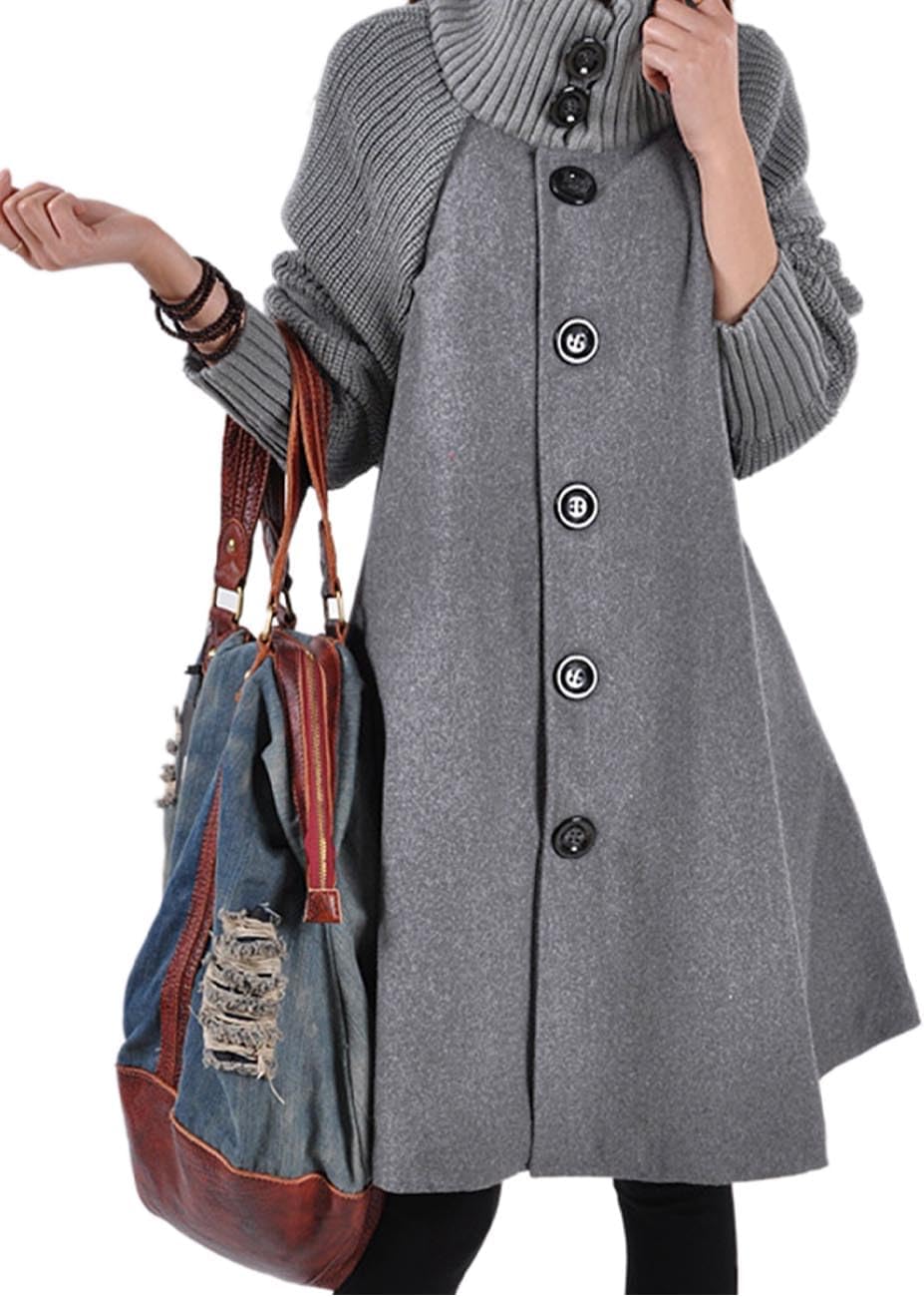 Sexyshine Women's Mid Long Length Single Breasted Cowl High Neck Loose Button Down Woolen Cloak Coat Jacket