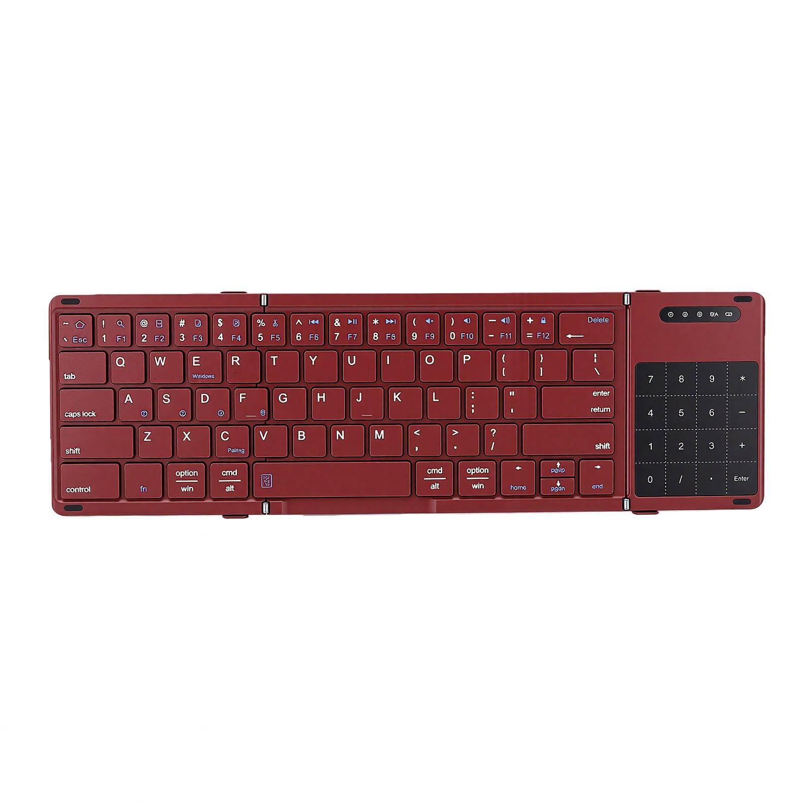 Tastiera Tripla con Touchpad, Wireless Bluetooth Portatile, Custodia in Pelle PU, modalità Tastierino Numerico, Leggera, per Tablet e Laptop da Viaggio (WINE RED)
