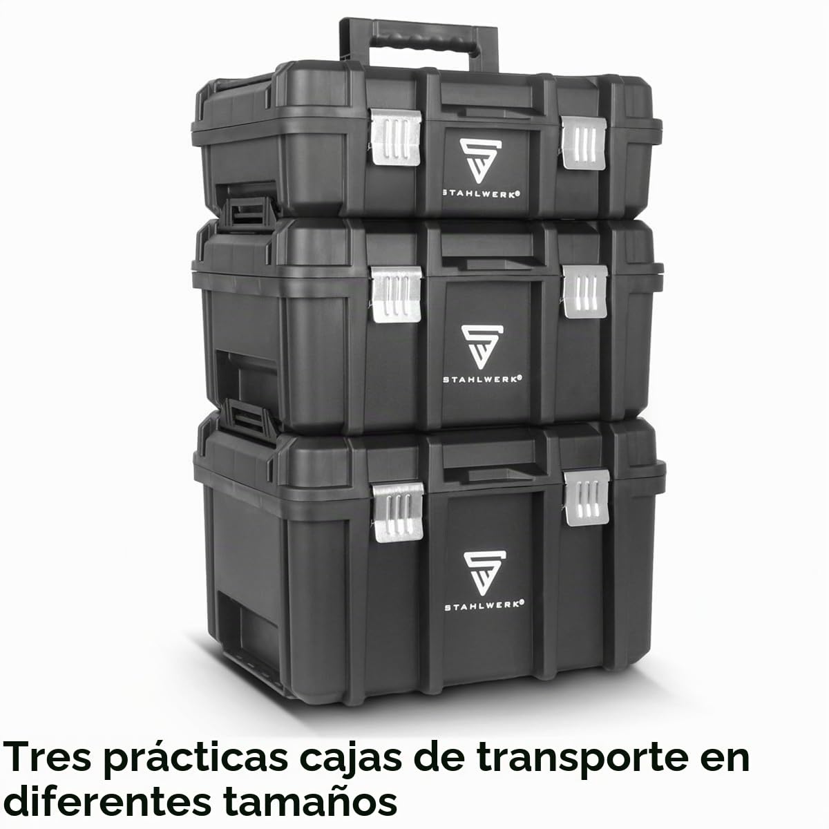 STAHLWERK Carro de herramientas con tres cajas: maletín de herramientas portátil con tabla de ruedas, cierres de metal y gran espacio de almacenamiento, sistema de almacenamiento flexible para taller