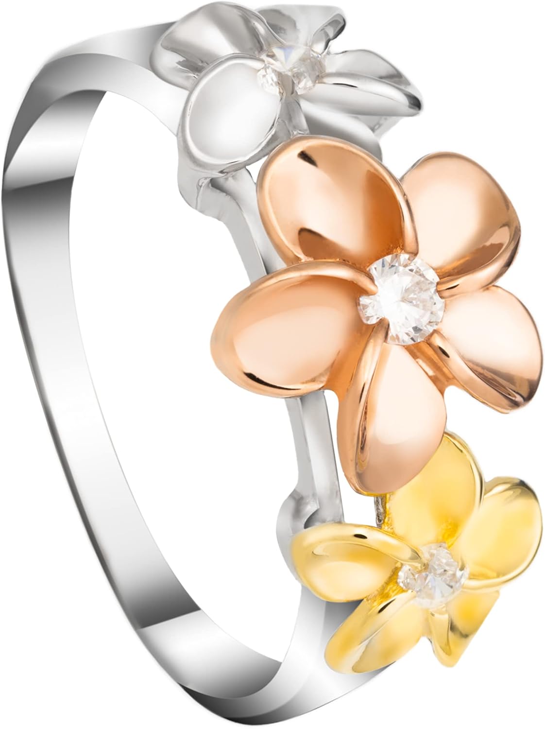925 Sterling Silver 14K Gold Pated Tri-Color Cubic Zirconia Three Hawaiian Plumeria Flower Ring, Nickel Free Hypoallergenic for Sensitive Skin, Gift Box Included