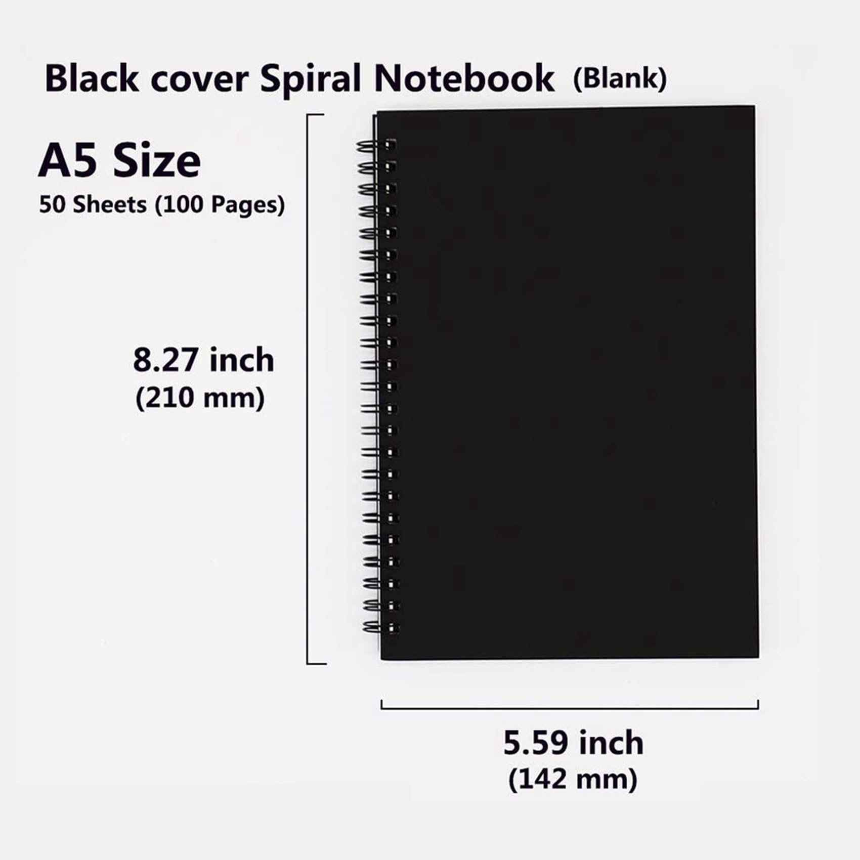 15PZ A5 Quaderno un Spirale Nero Quaderno per Schizzi Vuoto Quaderno Regole Confezione di Carta Bianca Spessa 50 Fogli 100 Pagine Sfoderate