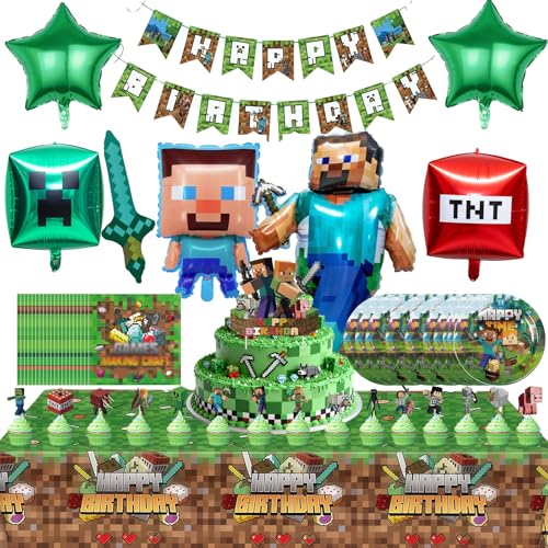 Sinmaklin 55 PCS Complete Birthday Party Decorations Kit | Classic Theme Set with Happy Birthday Banner Cake Topper Balloons Napkins 7 Inch Plates & Tablecover | Serves 10 Guests
