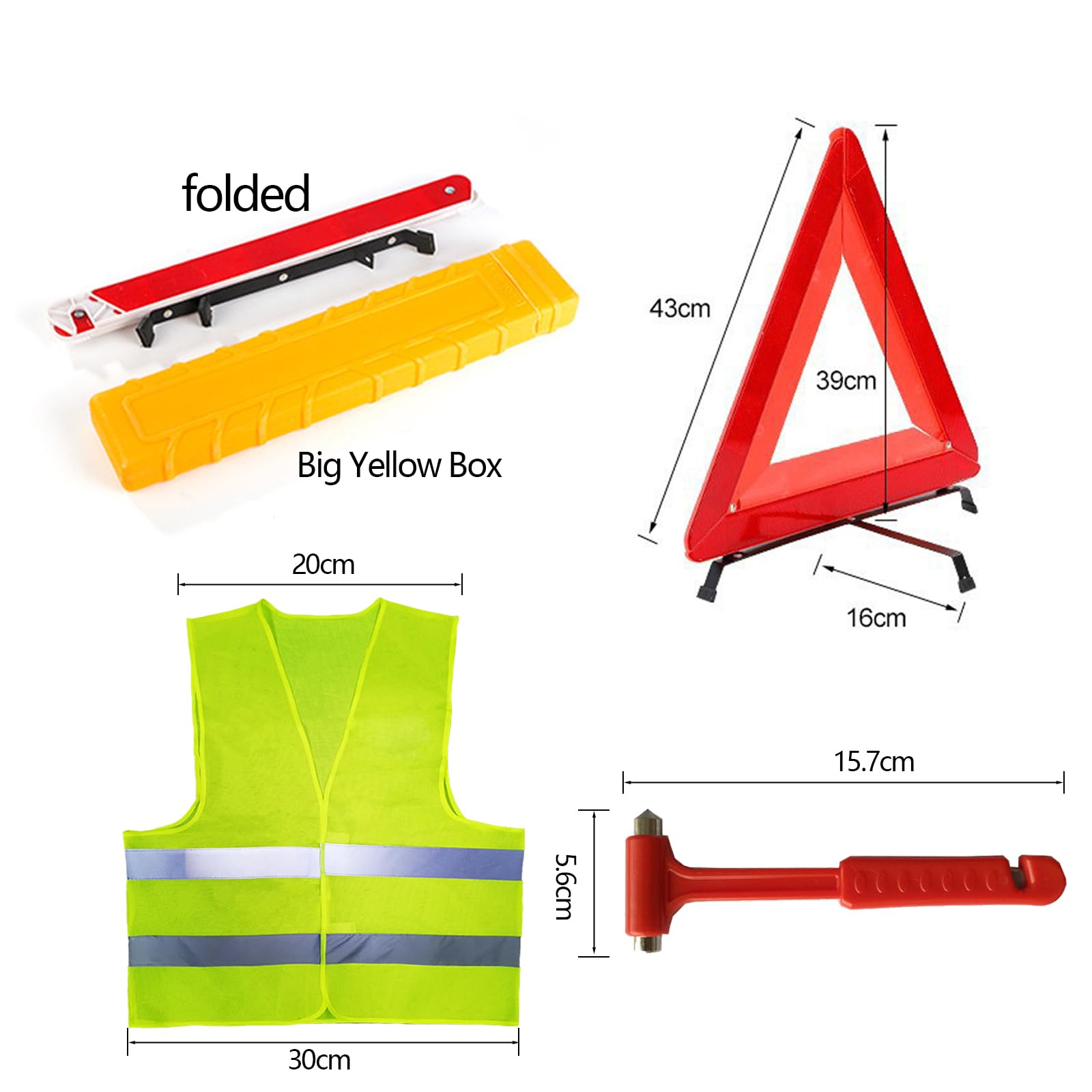 3en1 Kit Triangulos Coche Homologados y Martillo de Seguridad, Ece & Chaleco Reflectante Homologado, Plegable Triangulos Coche Reflectante con Estuche de Plástico para Emergencias y Averías