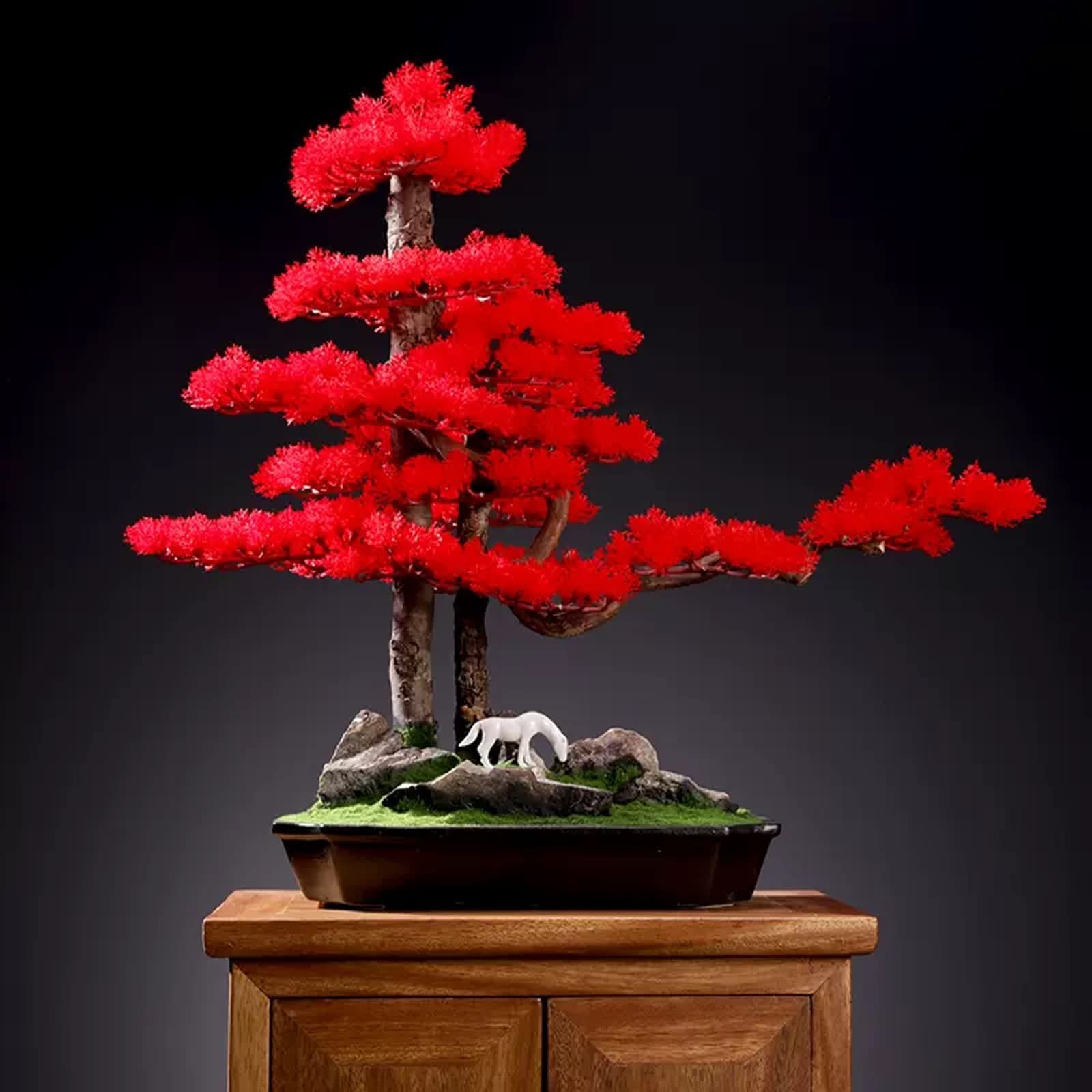 Bonsai artificiale Bonsai artificiale for interni, decorazione di grandi piante finte con vasi in ceramica, foglie rosse e scultura di pony, for tavolo da casa, scrivania, camera da letto, soggiorno,