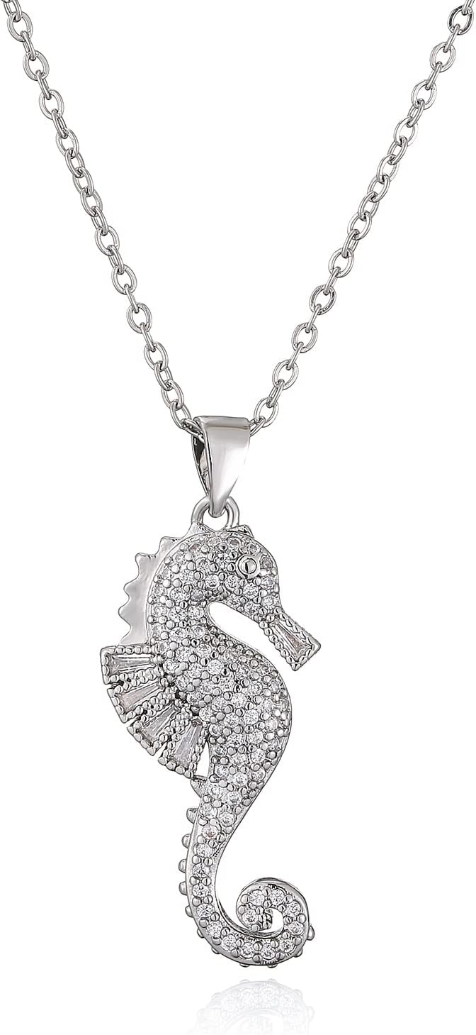 18K Gold Plated CZ Zircon Seahorse Pendant Necklace For Women 17.7"+2"
