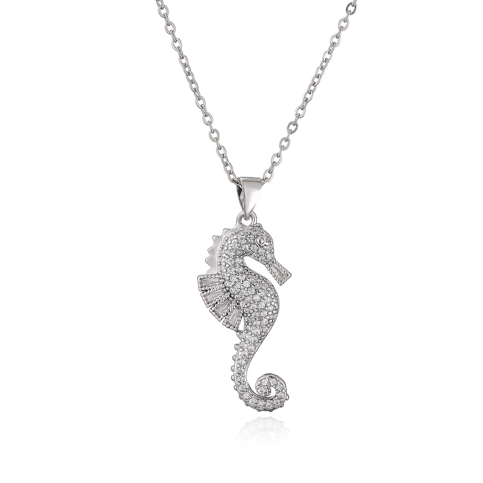 18K Gold Plated CZ Zircon Seahorse Pendant Necklace For Women 17.7"+2"