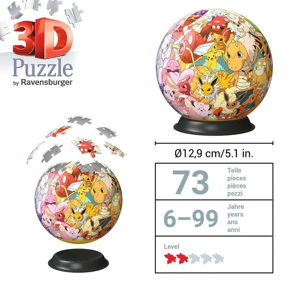 Ravensburger - Puzzle 3D Ball - Pokémon - A partir de 6 Ans - 72 pièces numérotées à Assembler sans Colle - Support Inclus - Diamètre : 13 cm - 11595