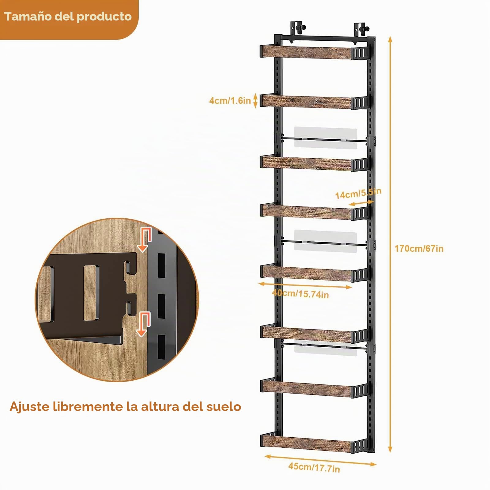 Aprovechamiento vertical y versatilidad – Estante colgante de puerta metálico con 8 niveles y cestas ajustables – especias y almacenamiento en cocina, – 45x14x170 cm – Color madera original