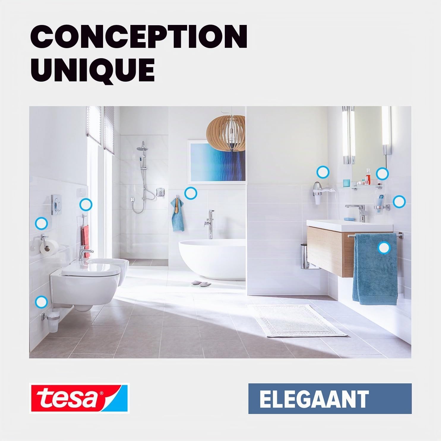 tesa® Smooz support serviette salle de bain, finition brillante métal chromé, adhésif, technologie sans percer