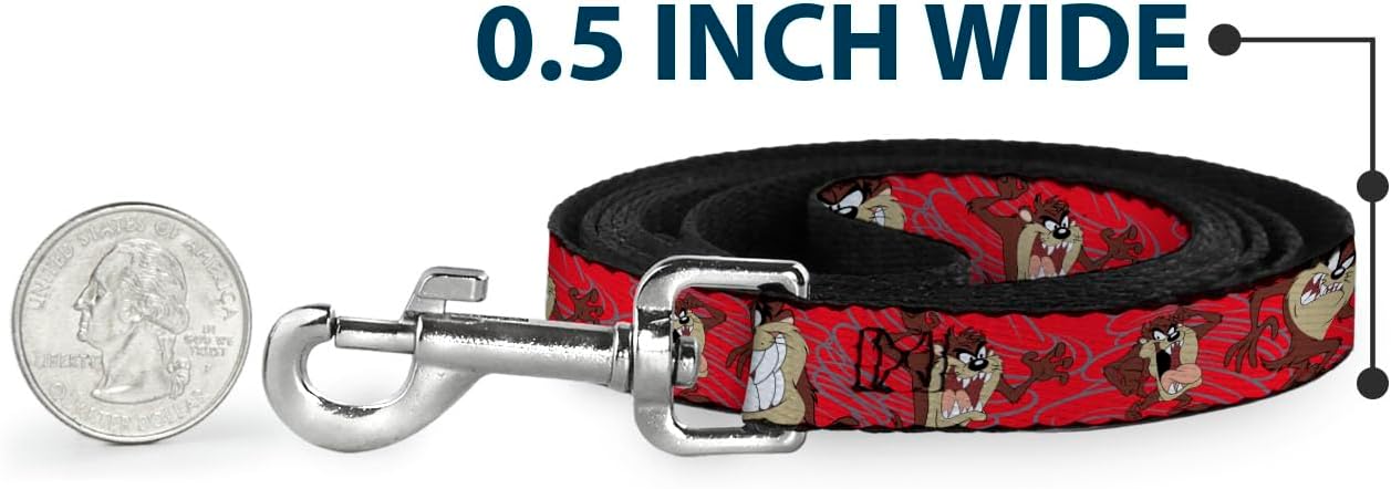 Buckle-Down Dog Leash Tasmanian Devil Expressions Red Swirl 6 Feet Long 1.0 Inch Wide, Multicolor, DL-6FT-WLTTZ003