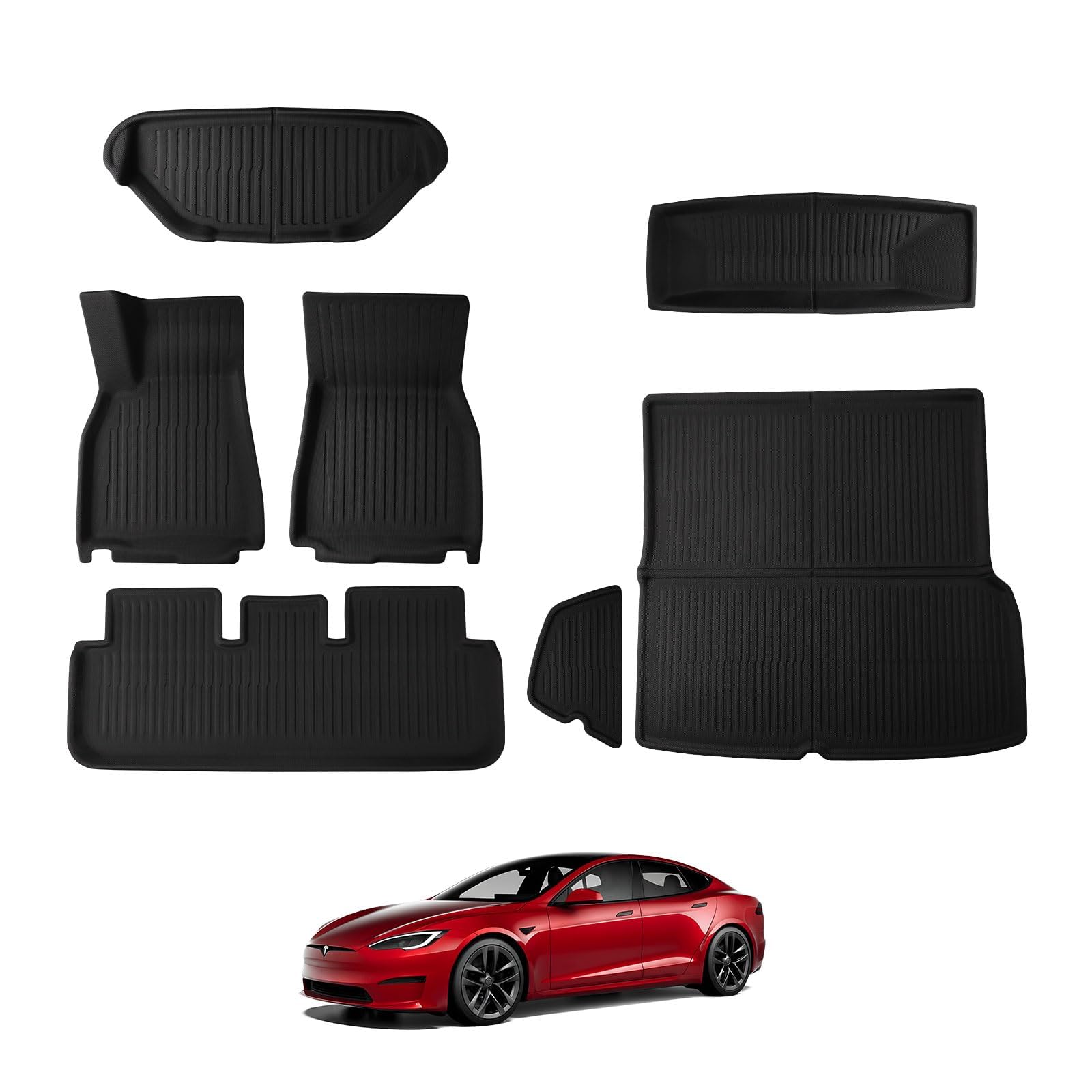 BASENOR 2025 7PCS Floor Mats for Tesla Model S Model S Plaid 3D Material Cargo Liners All-Weather Car Mats Anti-Slip Trunk Mat Model S Accessories Custom Fit 2021-2025