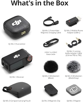 DJI Microphone 3 (1 TX + 1 RX), Wireless Collar Microphone for iPhone/Camera/Android, Ultralight, Extended Working Time and Fast Charging, 1312ft (400m) Transmission, Noise Canceling, Vlog, Flow