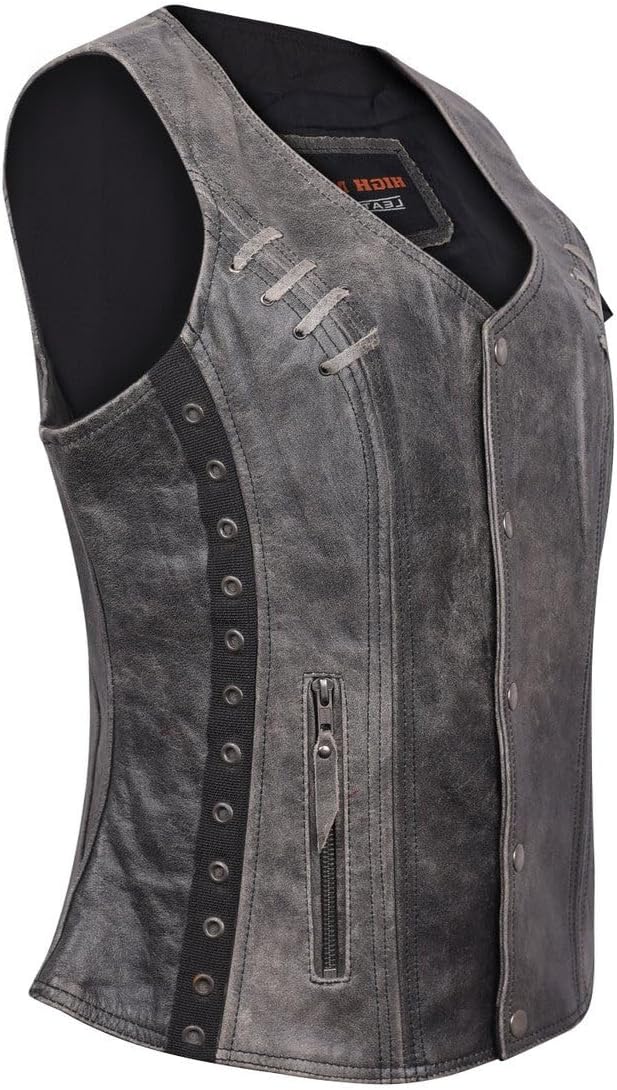 Women's Black Premium Cowhide Biker Motorcycle Leather Vest with Cowgirl Western Leather Outwear, Adjustable Side Buckles