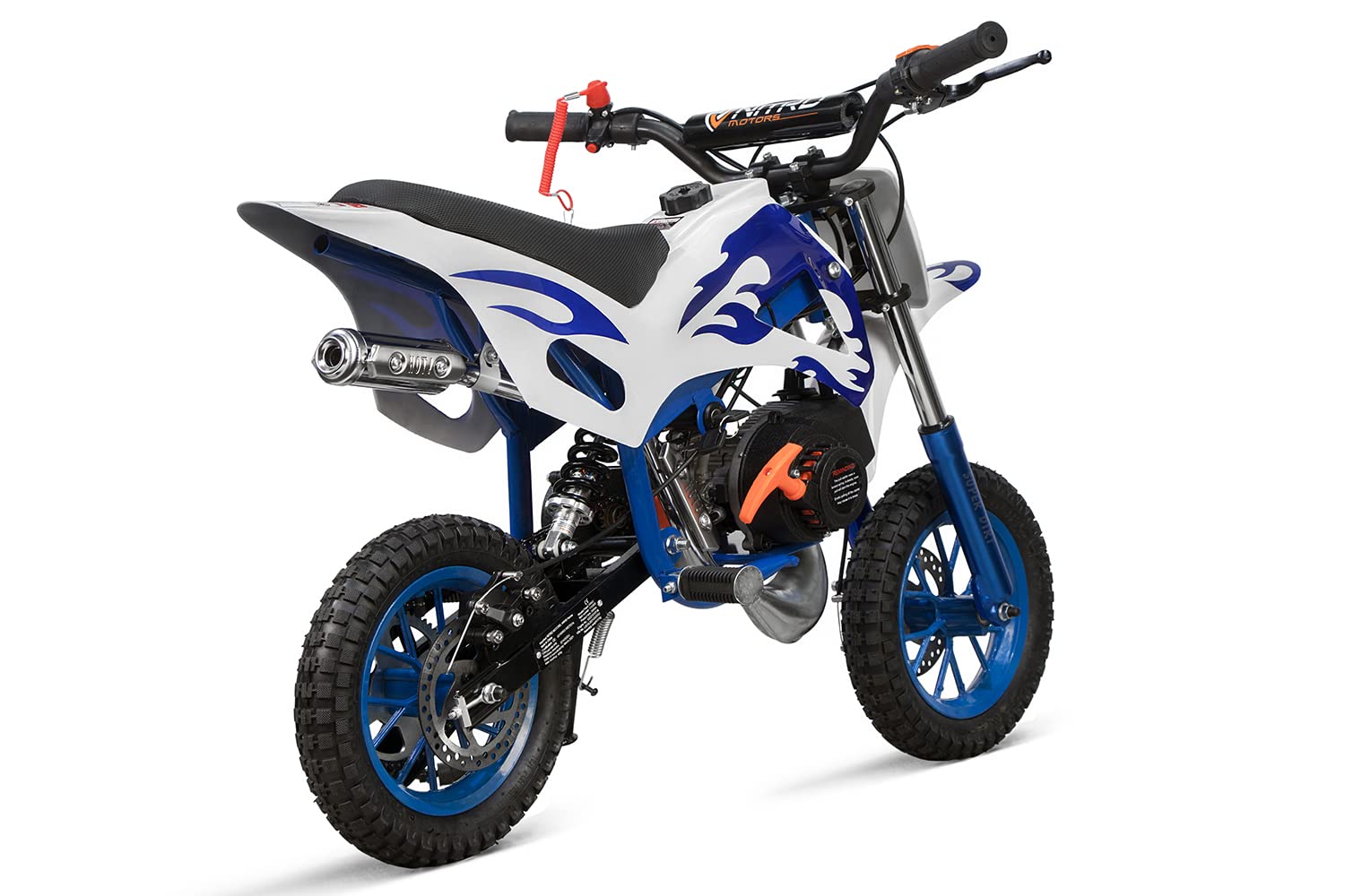 Minicross 49cc Motore a Scoppio DS 67 con Fiamme per Bambini (Bianca fiamme Blu)