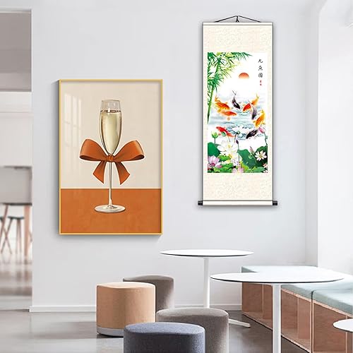 Miniatura 7 de FOVNOT Arte de pared de pergamino de seda china - Pintura de nueve peces koi con loto y peonía, decoración asiática del hogar Feng Shui, pergamino