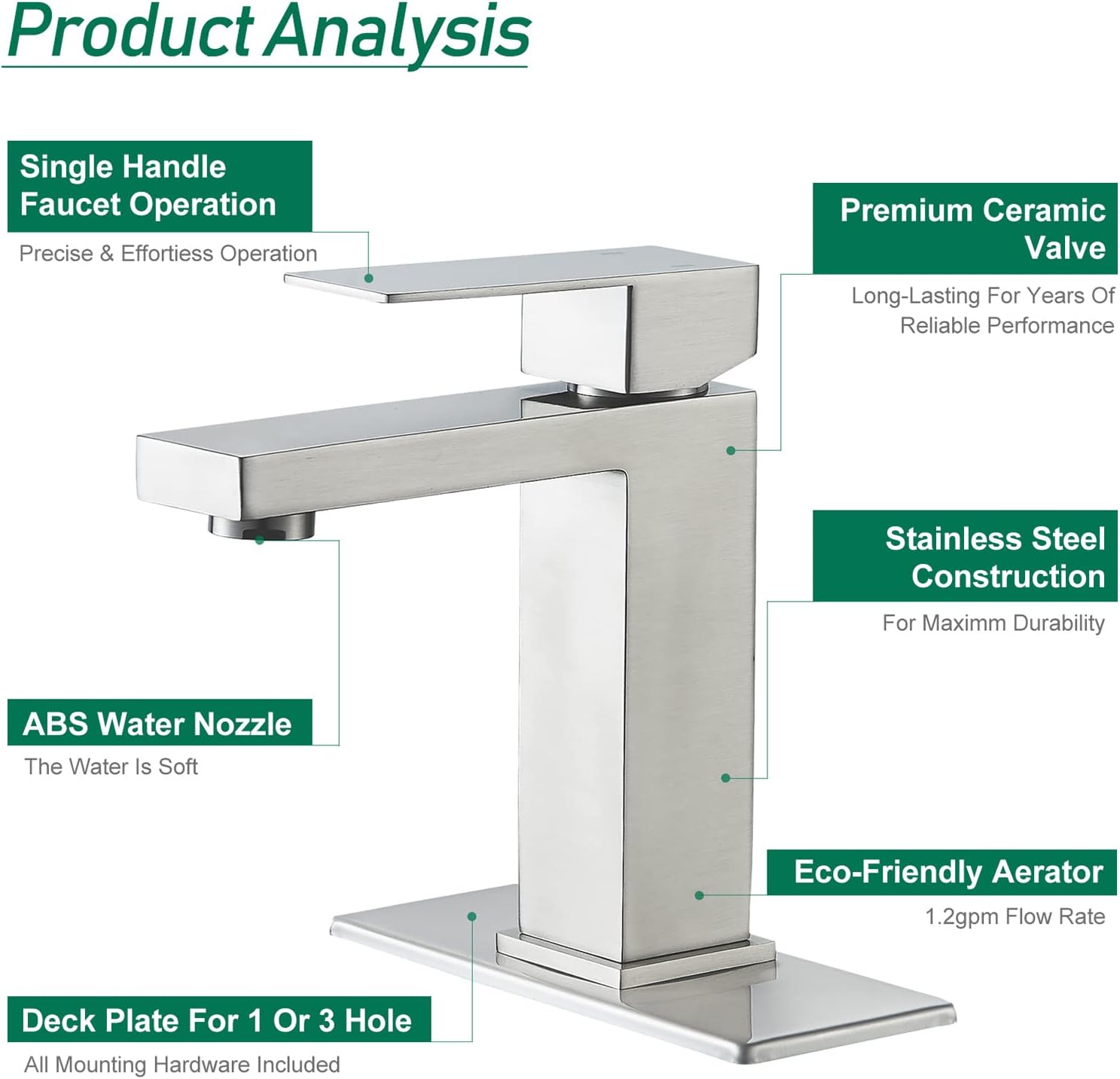 VOTON Brushed Nickel Bathroom Faucets Single Handle Modern Vanity Sink Faucet 1 Hole or 3 Hole with Deck Plate and Water Supply Hoses, Stainless Steel Bathroom Faucet Lead-Free - Image 5