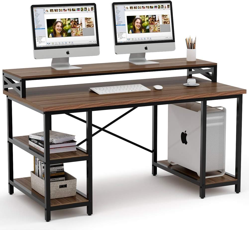 Tribesigns Computer Desk with Storage Shelves, 55 inch Large Modern Office Desk Computer Table Studying Writing Desk Workstation with Hutch for Home Office (Walnut)