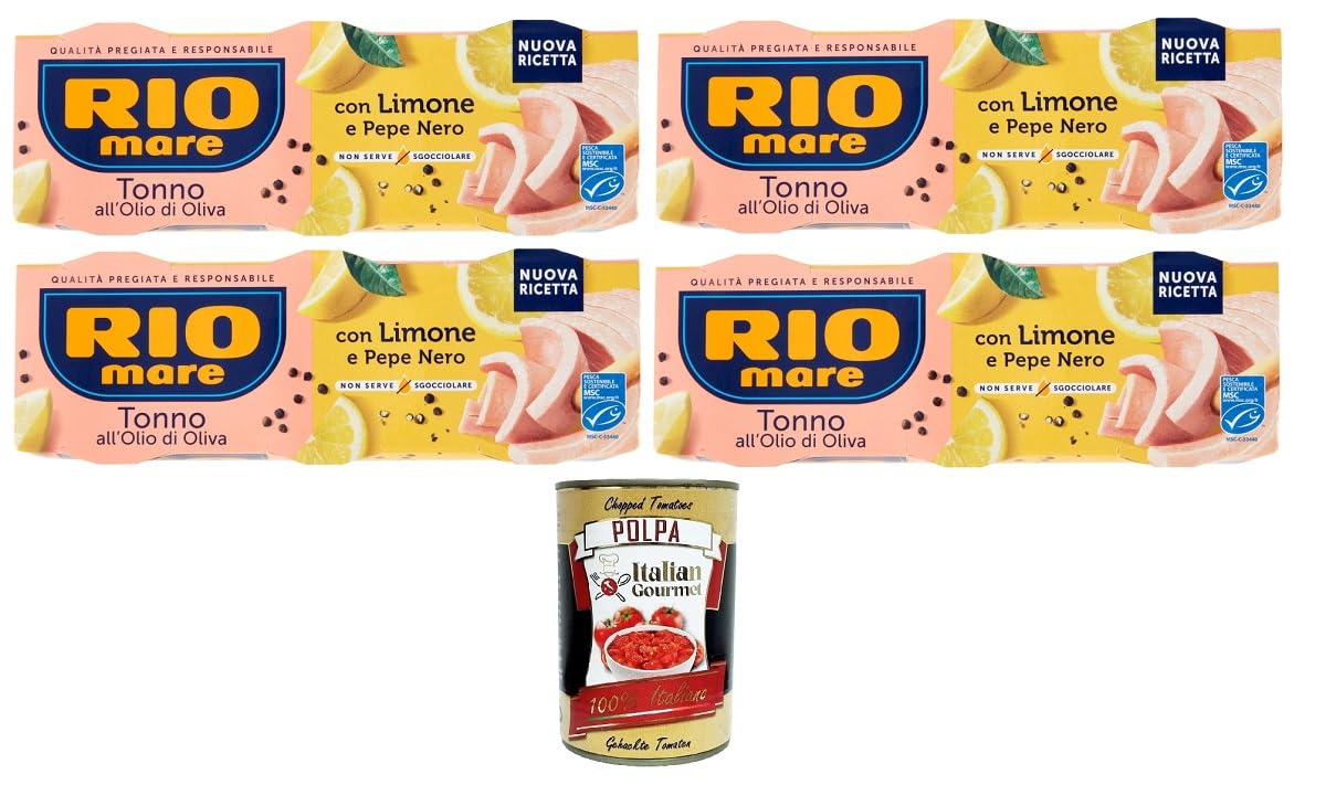 Italian Gourmet Bundle Thunfisch in Olivenöl 4x 195g + Italian Gourmet Polpa Gratis – Italienischer Tonno mit Zitrone & schwarzem Pfeffer, 12 Dosen à 65g, für Salat, Pasta & Antipasti 780g