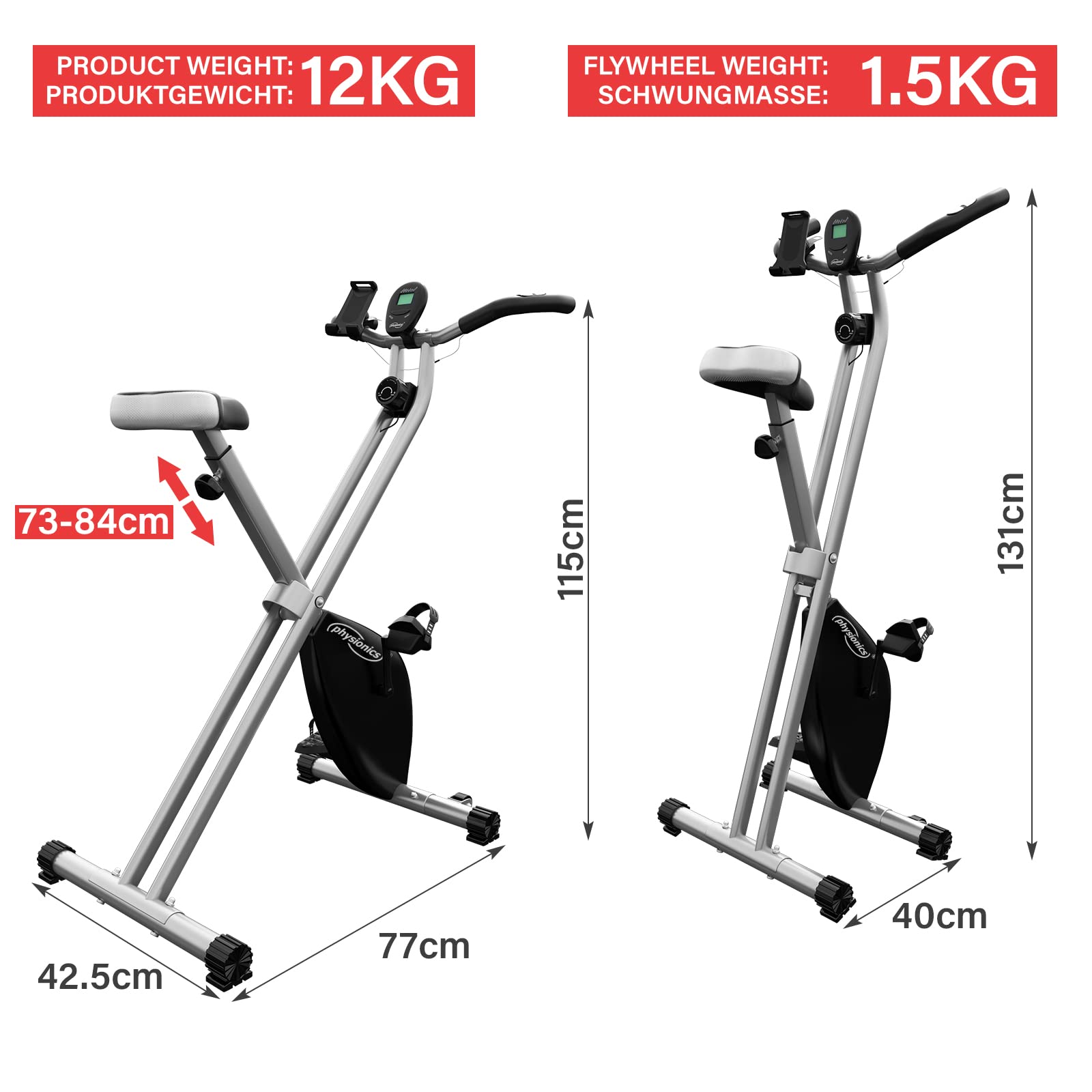 Physionics® Rower treningowy – wyświetlacz LCD, regulowany, składany, do 120 kg, szary, z kółkami transportowymi, pulsometrem, uchwytem na telefon – ergometr, trener rowerowy, domowy, rower fitness,