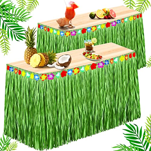 Hawaiian Luau Grass Raffia Table Skirt Luau Party Decorations with Hibiscus Flowers 108 x 30 Inch Tiki Bar Table Decoration for Summer Beach Tropical Birthday Party (Green, 2 Pack) Hawaiian Luau Grass Raffia Table Skirt Luau Party Decorations with Hibiscus Flowers 108 x 30 Inch Tiki Bar Table Decoration for Summer Beach Tropical Birthday Party (Green, 2 Pack)