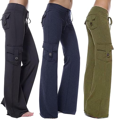 SHOPESSA Pantalones cargo de pierna ancha para mujer leggings de yoga de tiro alto con bolsillos talla grande pantalones de pierna recta con cordón