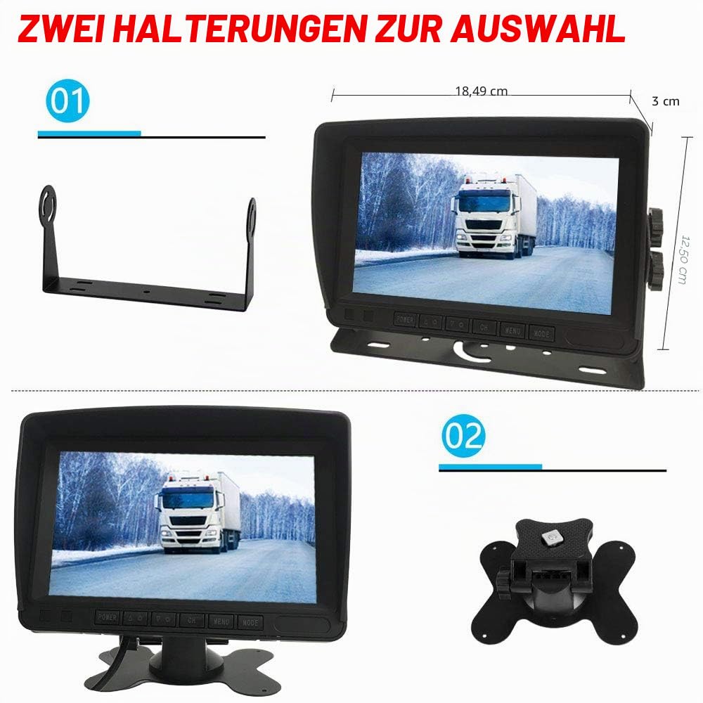 12-24V Wohnmobil Bus Anhänger LKW Dual Rückfahrkamera 17,8cm HD Monitor mit | 4-poliges 7 Zoll TFT-LCD-HD-Farb-Monitor mit Sonnenschutz-Halterung, 18 LEDs Nachtsicht wasserdicht Rückfahrkamera,15m Kabel