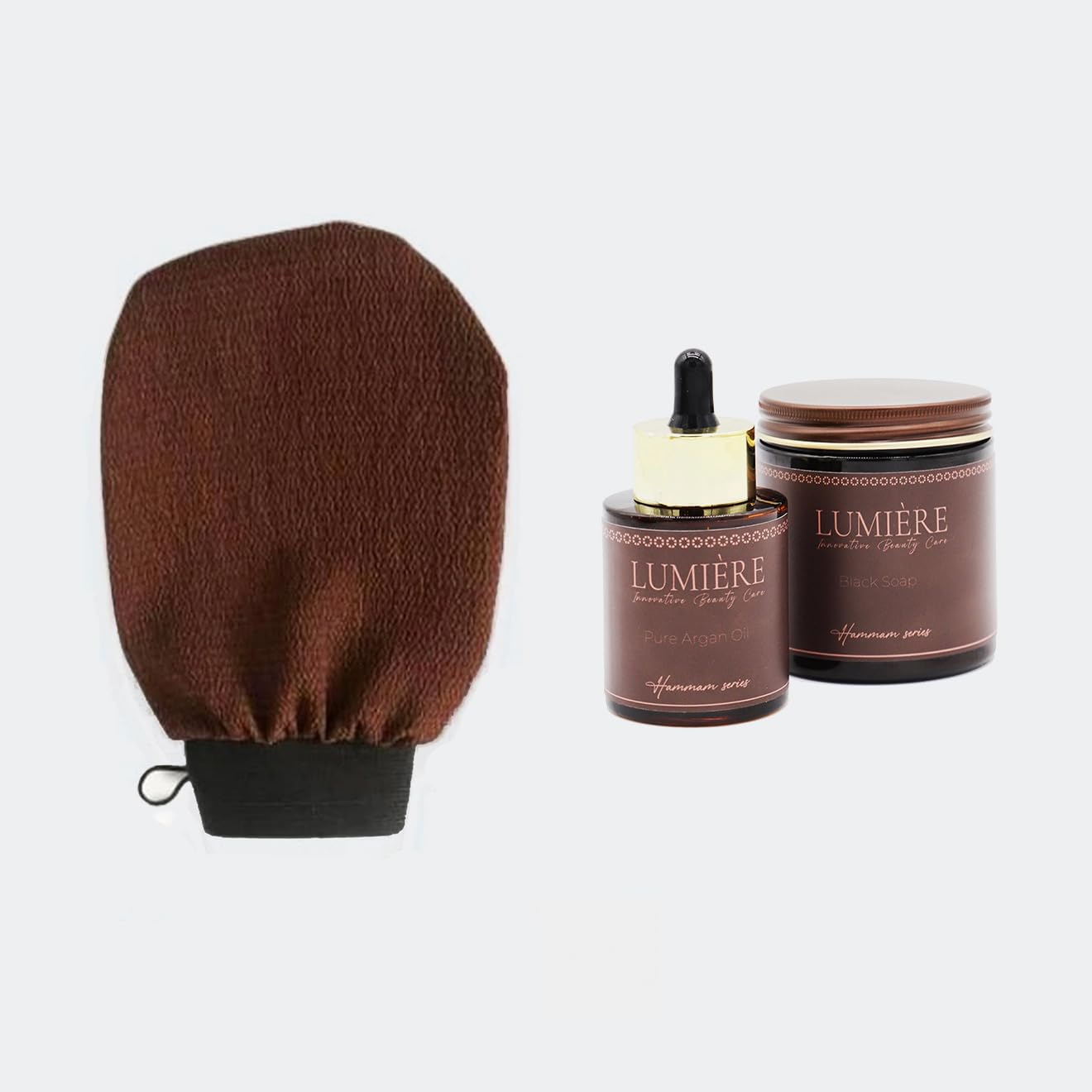 LUMIÈRE INNOVATIVE BEAUTY CARE –Set Hammam Sapone Nero con Olio Essenziale di Eucalipto + Olio di Argan 100% Biologico + Guanto Esfoliante | Kit Spa Pulizia Profonda, Nutrimento e Pelle Morbida