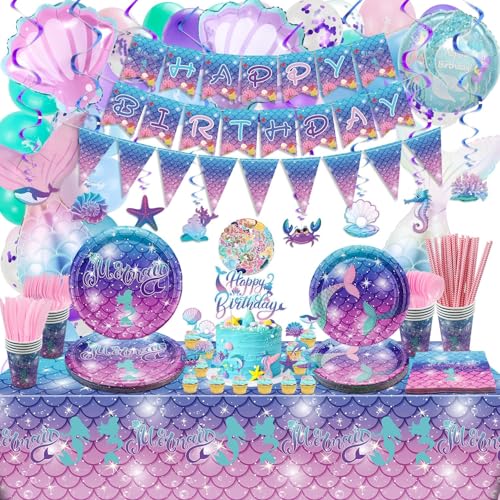 174PCS Mermaid Birthday Decorations Mermaid Birthday Banner Mermaid Balloons Tableware Tablecloth Cake Topper Hang Swirl Mermaid Tattoo Stickers for Girls Kids Little Mermaid Party Supplies