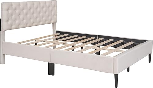 Miniatura 5 de Cama con plataforma tapizada en lino de tamaño matrimonial con cabecero capitonado con botones, para niños, niñas, adolescentes y adultos dormitorio