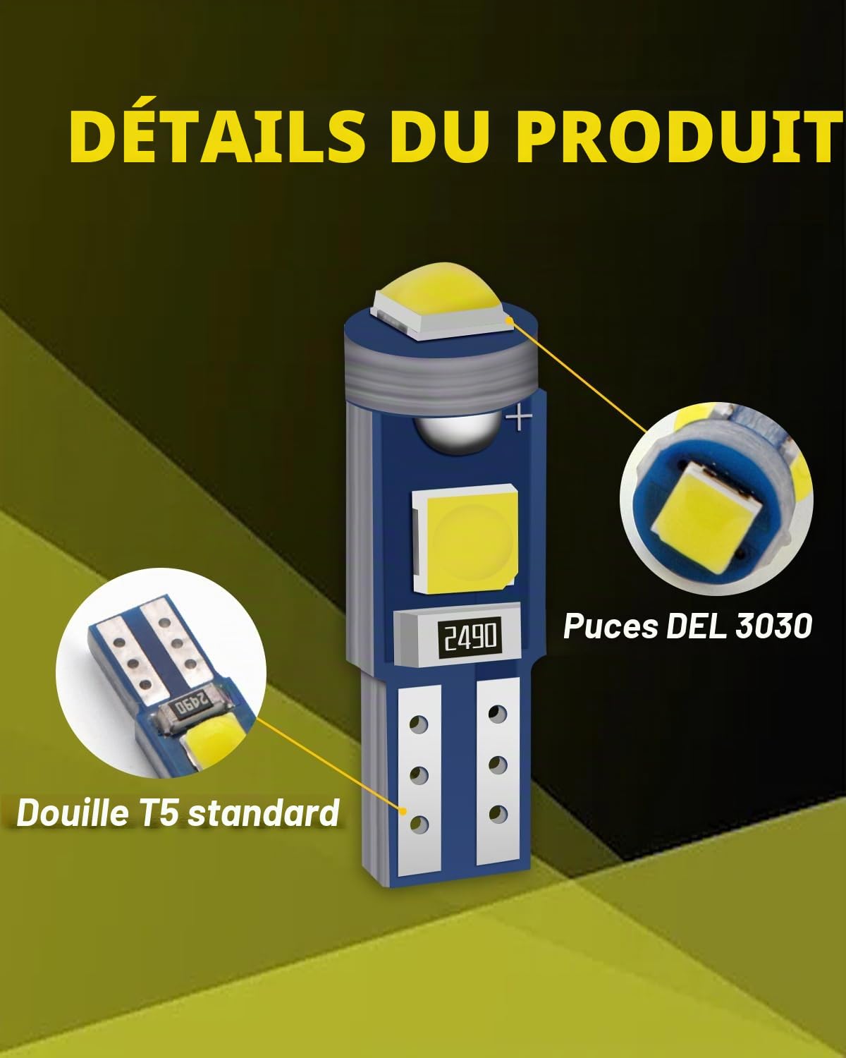 YONGMING Ampoule LED T5 74 W3W 2721 3030 SMD Blanc Tableau Bord 12V | 120LM Par Ampoule, Éclairage 360° Sans Zone Sombre Pour Compteur Intérieur Auto Installation Facile