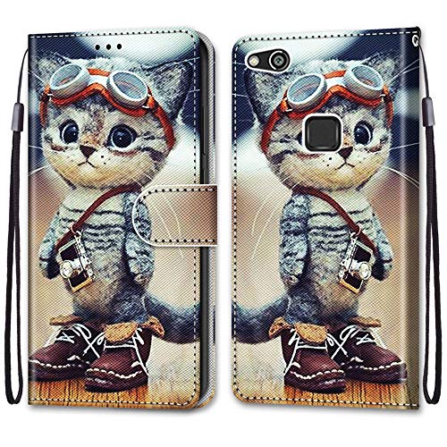 Mo-Somnus Cover per Huawei P10 Lite, Custodia in PU Pelle Magnetica Libro Flip Caso Antiurto Portafoglio [Supporto Stand] con Porta Carte e Cinturino da Polso Wallet Protettiva Case (Gatto 1)
