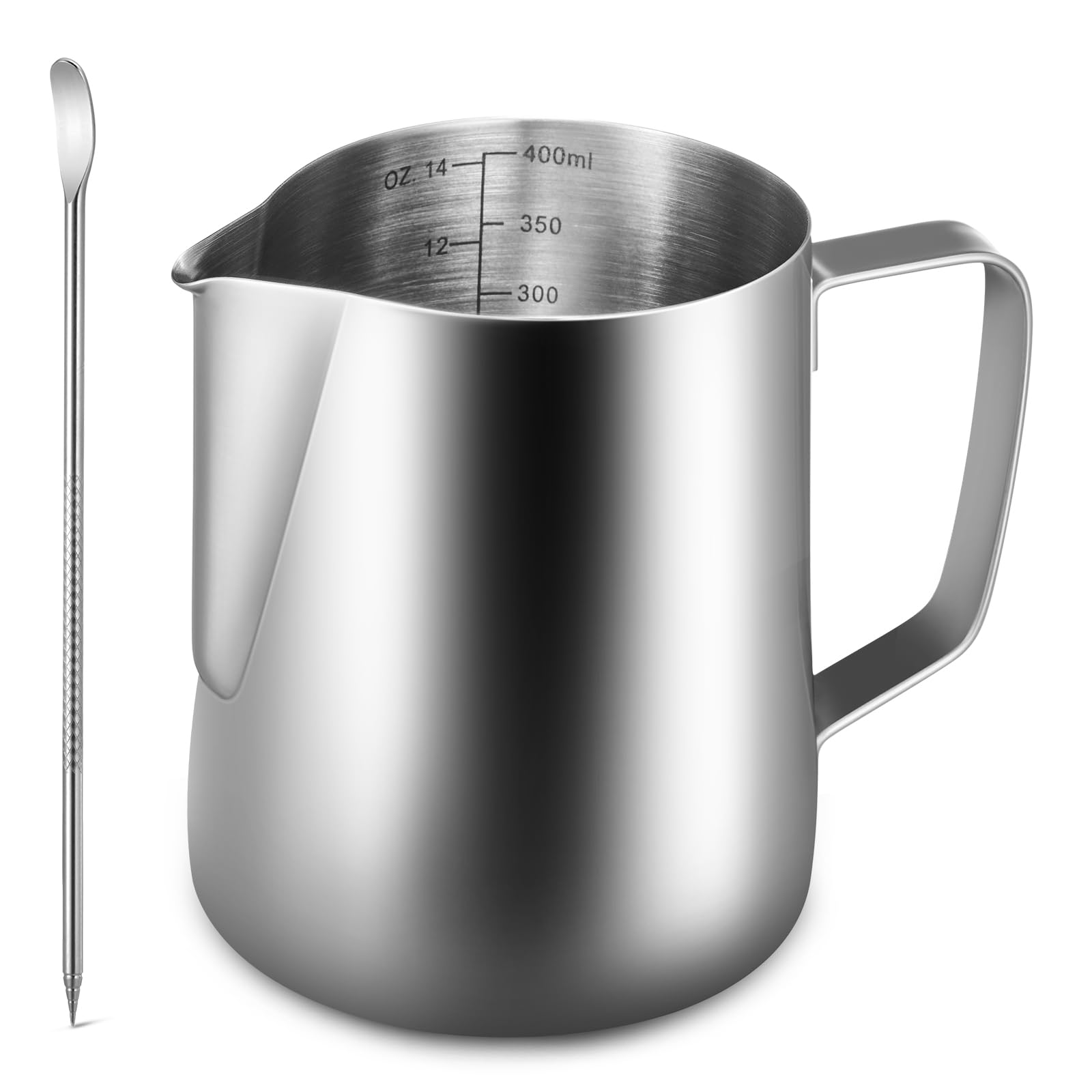 Anpro Milchkännchen, Milk Pitcher 350ml / 12 FL.oz. Milchkanne aus Edelstahl, Milch Aufschäumen für Cappuccino und Latté, Silber (9 × 7.5CM)