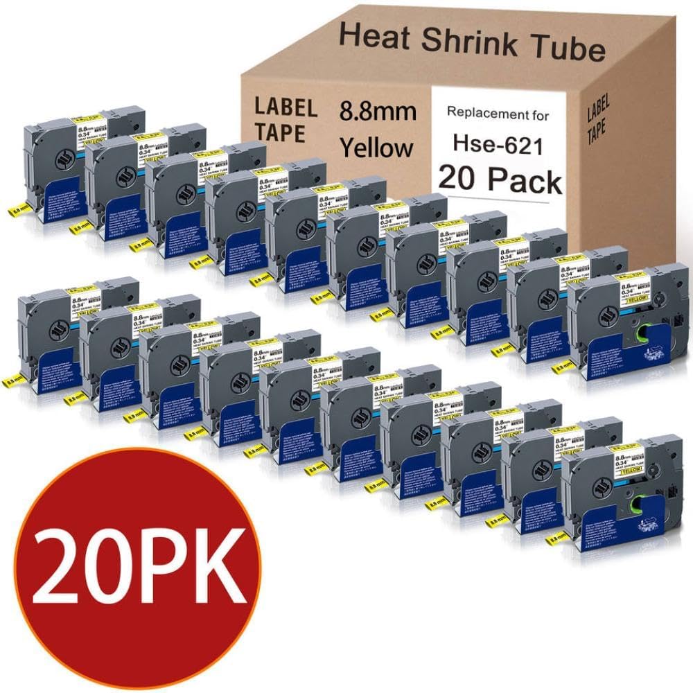 20PCS Heat Shrink Tube Labels 8.8mm Black On White Compatible with Printer Models HSE-231 HSE-211 HSE-221(20PK Black on Yellow)