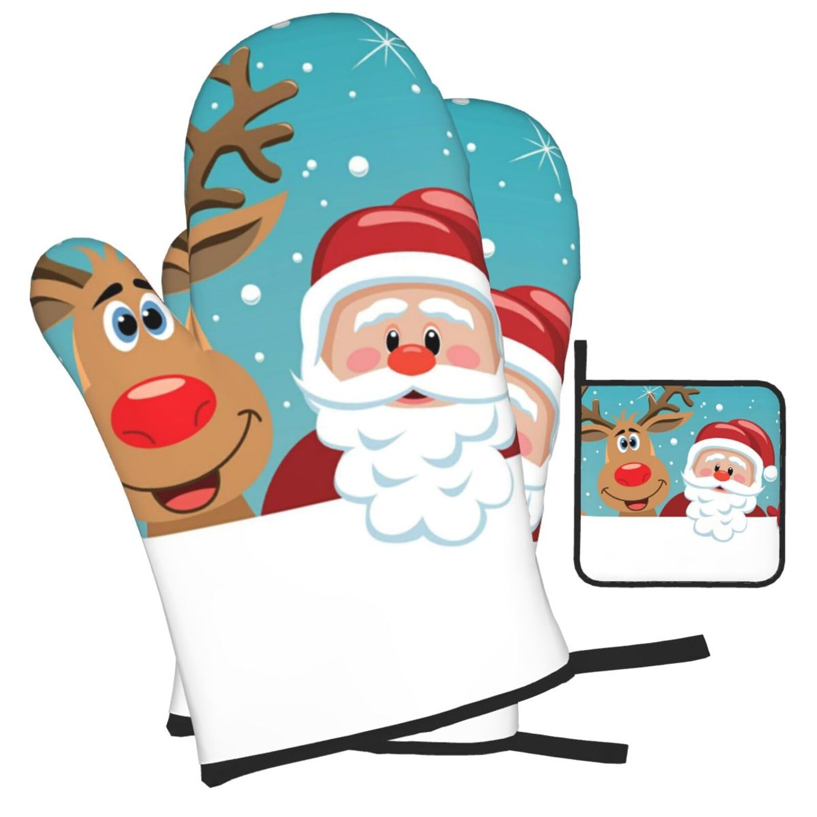 Sant Claus Deer Printed Oven Mitts and Pot Holders Heat Resistant Set of 3 Pcs, Modern Kitchen Gloves & Potholders for Cooking Baking Grilling