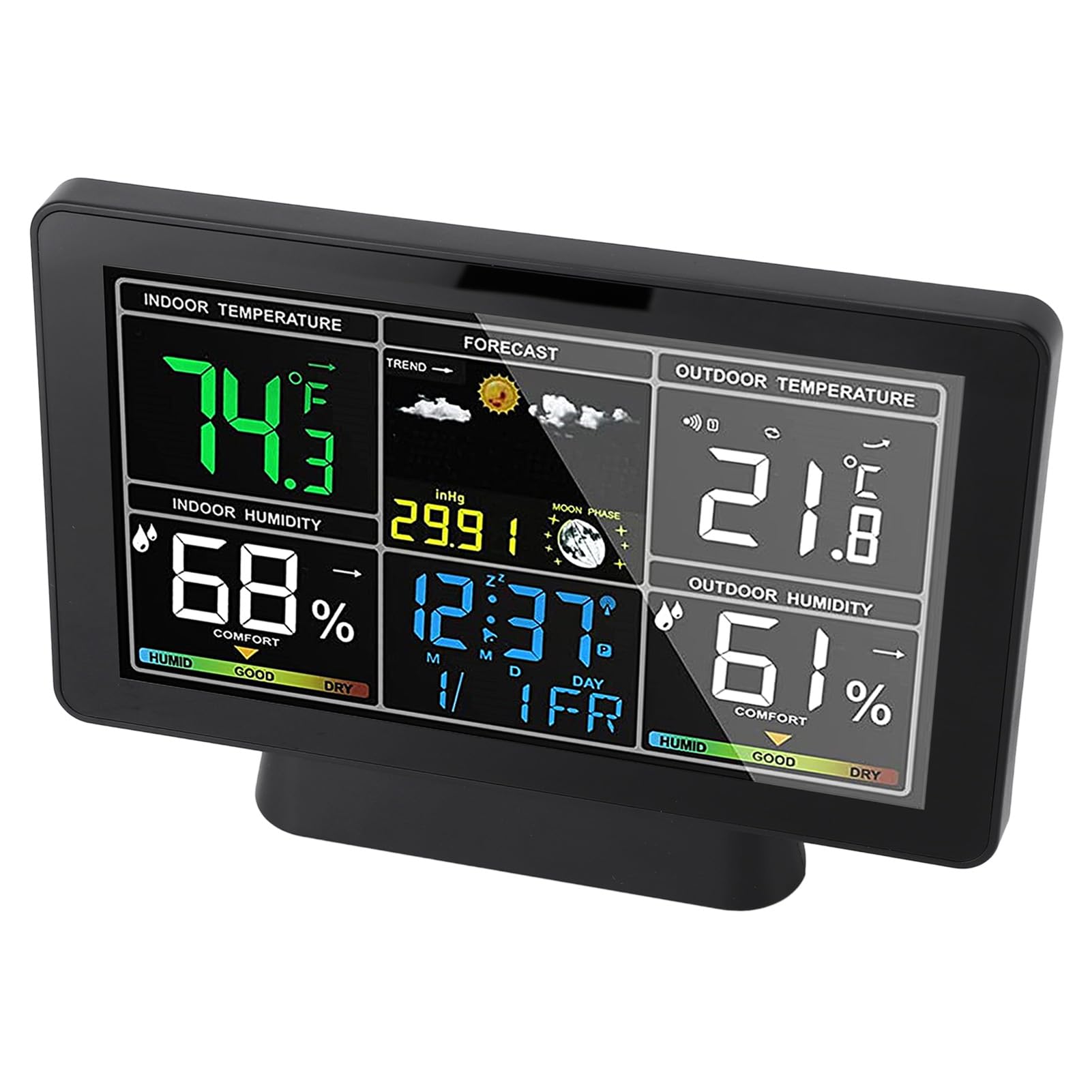 Thermomètre intérieur et extérieur sans fil de 7,5 pouces avec écran couleur rétroéclairé réglable, jauge de température d'humidité avec prévisions météorologiques, pression